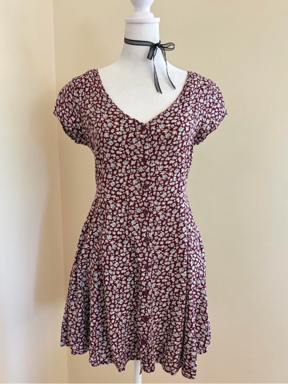 Vintage babydoll grunge burgundy red floral mini dress button front 90s Y2K S